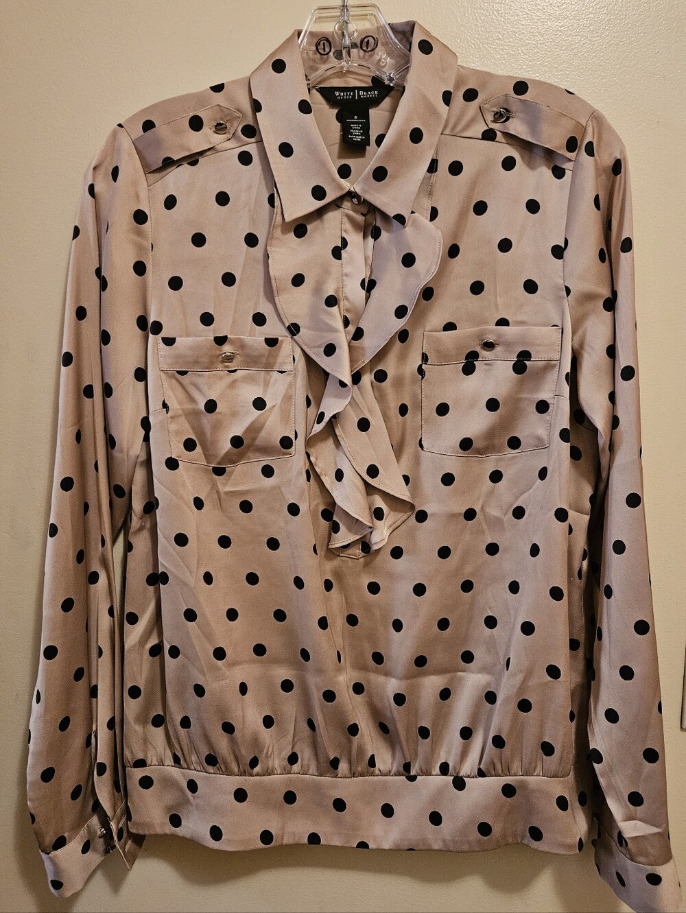 White House Black Market Beige/Tan & Black Polka Dot Lovely Ruffle Blouse, Sz 8 - Picture 12 of 16